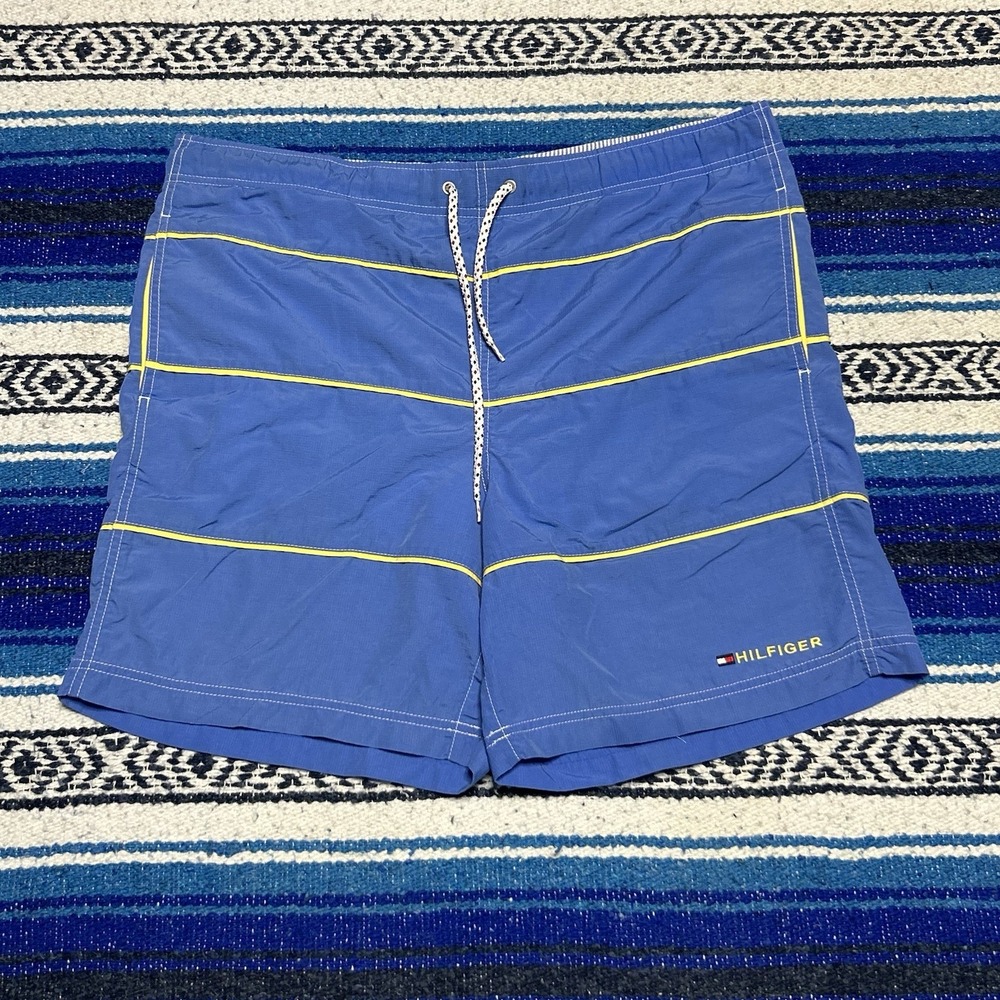 Y2K Tommy Hilfiger Men's Large Blue Yellow Swim Trunks Board Shorts Spellout